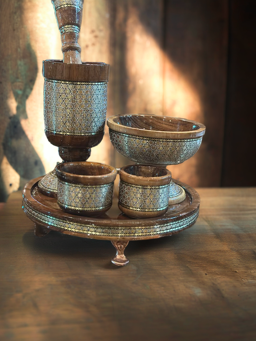 Handcrafted Persian Wooden Coffee Cup Set with Khatam Inlay
